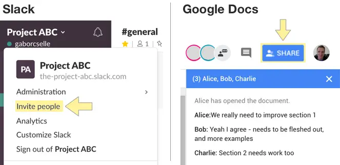 Invitare persone a collaborare su slack e google doc
