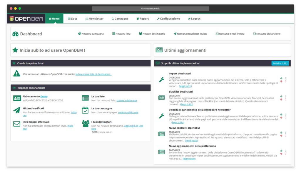 OpenDEM dashboard della piattaforma con cui creare newsletter